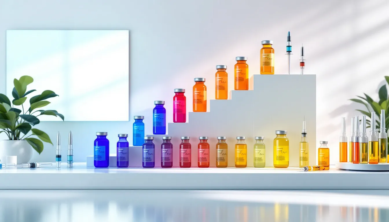An array of peptide supplements for muscle growth, showcasing various vials and syringes.