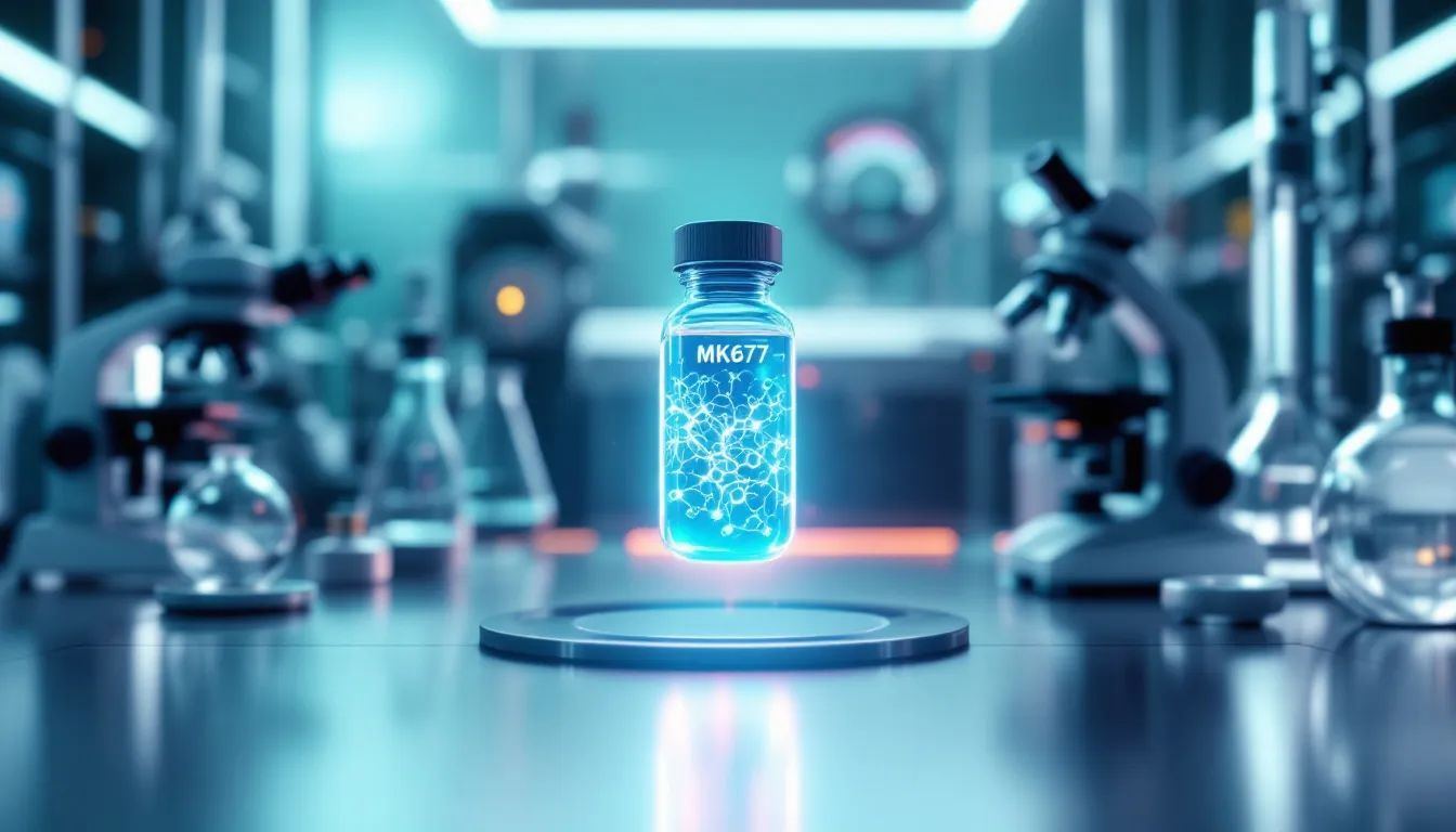 A laboratory setting with MK677 liquid in focus.