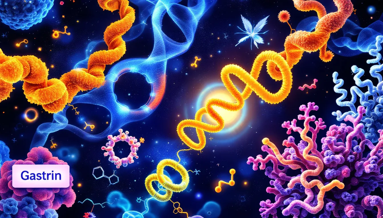 A collage of different types of polypeptide hormones including insulin and growth hormone.